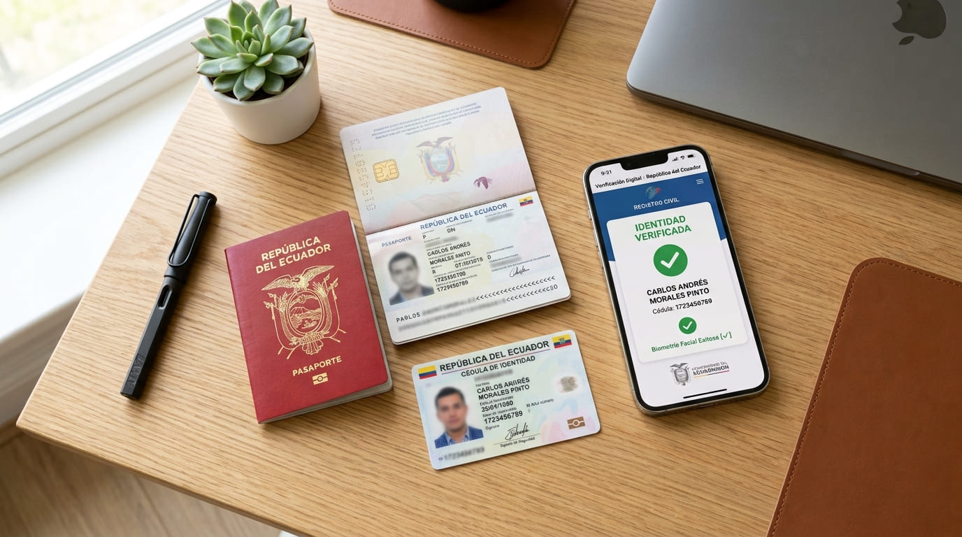 Cédula y pasaporte ecuatoriano junto a una validación móvil de identidad