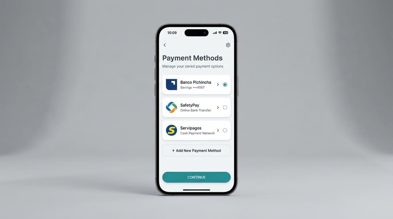 Pantalla móvil con Banco Pichincha, SafetyPay y Servipagos como métodos de pago