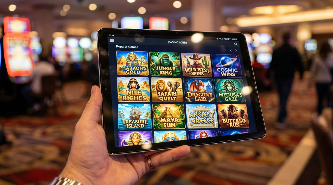 Tablet con catálogo de tragamonedas en una sala de casino